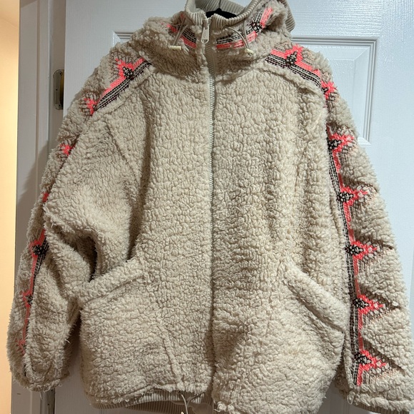 FP Movement by Free People Cream Teddy Jacket with Pink Accents - Picture 1 of 3